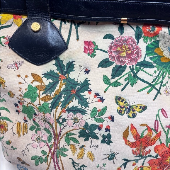🌸 Gucci Large Flora Vintage Canvas Tote Bag Blue Leather Trim Floral Print - Picture 3 of 12